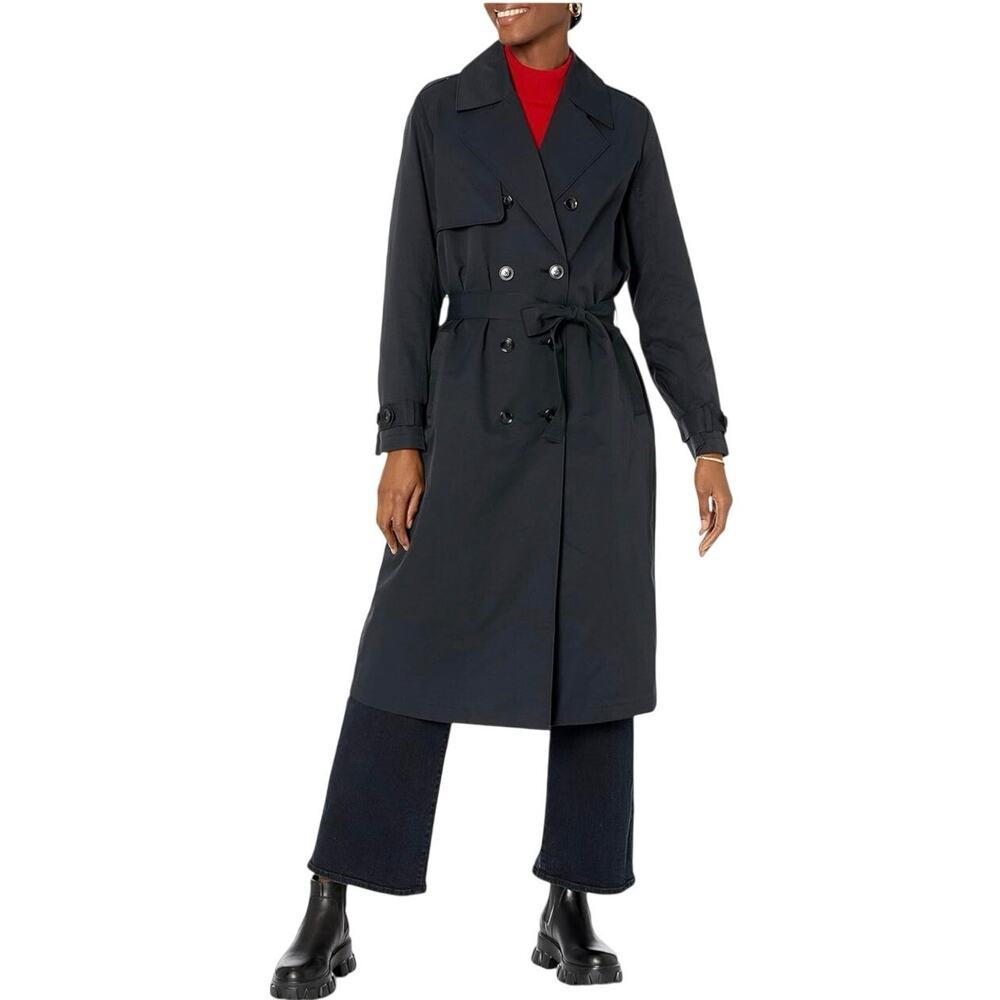 Classic Black Belted Trench Coat Double Breasted Cotton Blend NWT The Drop S